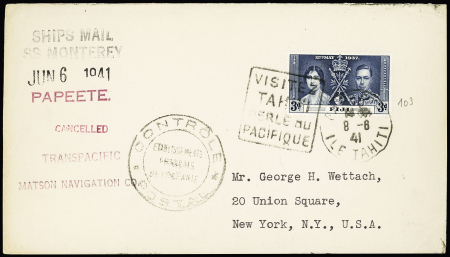 Fiji n°103 OBL CAD "Papeete ile Tahiti" (1941) + Daguin à gauche "Visitez Tahiti ile du Pacifique" sur lettre pour New-York avec griffe noire "Ship Mail SS Monterey" et censure d'Océanie. TB
