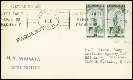 Nouvelle Zélande n°308 en paire OBL mec "Visitez Tahiti perle du Pacifique" + griffe "Paquebot" sur lettre pour les USA . TB