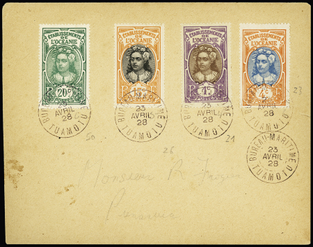 Océanie n°21 + 23 + 26 + 50 OBL CAD à cercle intérieur pointillé "Bureau maritime Tuamotu" (1928) sur lettre. TB