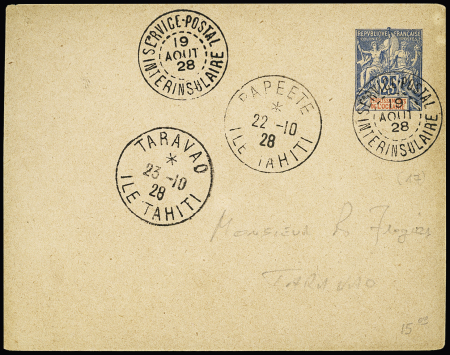 Env. entier postal 25c Groupe d'Océanie OBL CAD "Service postal interinsulaire" (19 aout 1928) + CAD de Papeete et Taravao. Rare et TB
