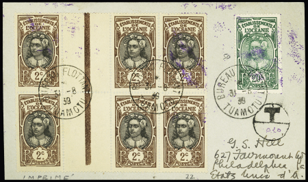Océanie n°22, bloc de 6 + n°50 OBL CAD "Bureau flottant Tuamotu" (1939) sur lettre pour les USA. RR et TB