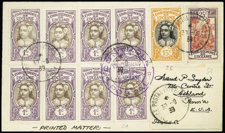 Océanie n°21 en bloc de 8 + 26 + 51 OBL CAD 1 cercle "Service postal interinsulaire" (sept 1939) sur lettre censurée pour les USA. Rare