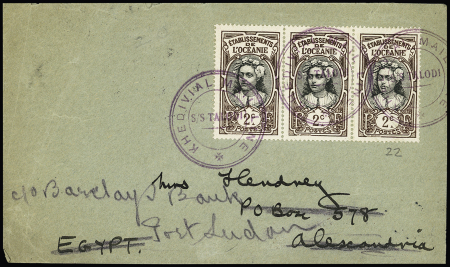 Océanie n°22 en bande de 3 OBL cachet violet "Khedivial mail line SS Talodi" sur lettre pour Alexandrie (Egypte - 1931) avec transit et arrivée au verso. TB