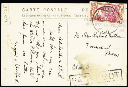 Océanie n°72 OBL CAD "Suva Fiji" (1937) + griffe "Paquebot" sur carte postale avec griffe violette "posted on board M/Y Stella Polaris"