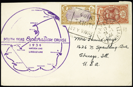 Océanie n°49 + 74 OBL Papeete (1934) + Daguin à gauche "Voir Tahiti et y vivre" sur lettre pour les USA avec grand cachet violet illustré "South seas exploration Cruise 1934 Matson Line". TB