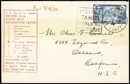 Océanie n+75 OBL Papeete (1934) + Daguin à gauche "Visitez Tahiti perle du Pacifique" sur lettre pour les USA avec cachet rect rouge "SS City of Los Angeles second south exploration Cruise". TB