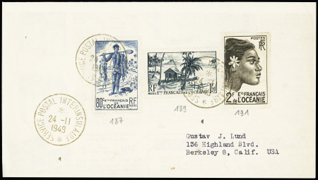 Océanie n°187 + 189 + 191 OBL CAD 1 cercle "Service postal interinsulaire *" (1949) sur lettre pour les USA. TB
