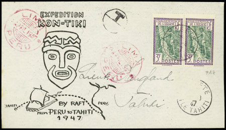 Océanie taxe n°17 en paire OBL Papeete (1947) sur enveloppe illustrée de l'expédition Kon-Tiki avec CAD lilas "Lima Peru". TB