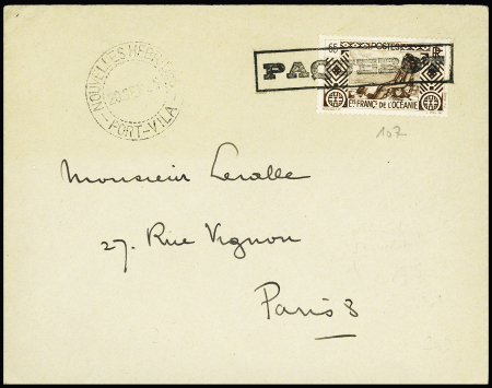 Océanie n°102 OBL griffe encadrée "Paquebot" + CAD "Nouvelles Hebrides Port-Vila" (1935) sur lettre. TB