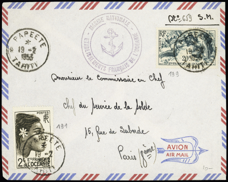 Océanie n°191 + 199 OBL CAD "Papeete Tahiti" (1955) sur lettre par avion avec cachet violet avec ancre "Marine nationale établissements français de l'Océanie". TB