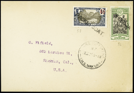 Océanie n°56 + 58 OBL griffe noire "Packet Boat" + CAD "Marine post office RMS Makura" (1936) sur lettre pour les USA.