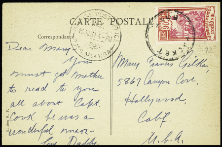 Océanie n°72 OBL cachet rond "Packet boat" + CAD "Marine post office RMS Makura" (1931) sur carte postale "Tahiti - danses de nuit exécutées en l'honneur de l'arrivée de Cook (d'après une gravure de 1780). TB