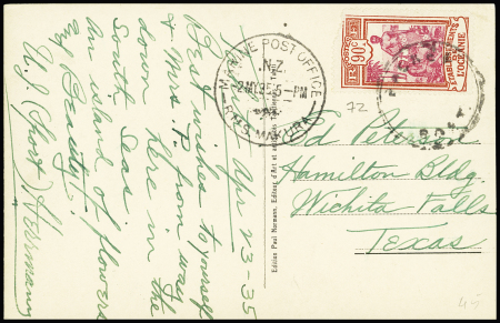 Océanie n°72 OBL cachet rond "Packet boat" + CAD "Marine post office RMS Makura" (1925) sur carte postale "Tahiti - danseuse tahitienne". TB