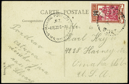 Océanie n°60 OBL cachet rond "Packet boat" + CAD "Marine post office RMS Makura" (1930) sur carte postale "Iles Tuamotus famille de plongeurs de perles".