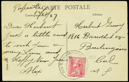 Nouvelle Zélande n°183 OBL grand CAD "Marine post office RMS Makura" (1927) sur carte postale bilingue "23 Tahiti - paysage à Moorea-Scenary Island of Moorea". TB