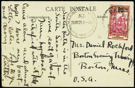 Océanie n°60 OBL cachet rond "Packet Road" + CAD "Marine post office RMS Makura" (1928) sur carte postale bilingue "15 - Tahiti - vers l'intérieur de l'ile - an interior scene". TB