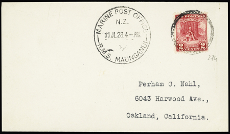 USA n°274 OBL cachet rond muet + CAD "Marine post office RMS Maunganui" (1928) sur lettre pour Oakland (Californie) avec au verso transit Papeete. TB