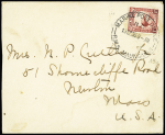 Nouvelle Zélande n°194 OBL grand CAD "Marine post office "RMS Maunganui" (1935) sur lettre pour les SA avc au verso grand cachet lilas illustré d'un voilier et d'un soleil "Fahnestock Expédition et mention imprimée