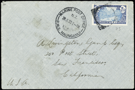 Océanie n°75 OBL cachet muet carré + CAD "Marine post office RMS Maunganui" (1933) sur lettre pour les USA. TB