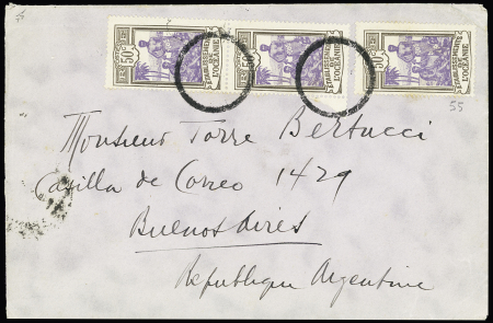 Océanie n°55, paire + une pièce OBL cachet rond muet sur lettre avec au verso CAD "Marine post office RMS Maunganui" (1928) et arrivée Buenos-Aires. TB
