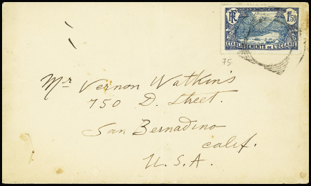 Océanie n°75 OBL cachet carré muet sur lettre pour les USA avec au verso CAD "Marine post office RMS Monowaï". Rare et TB