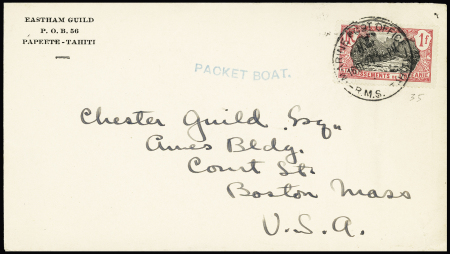 Océanie n°35 OBL CAD "Marine post office RMS Tahiti" + griffe verte "Packet Boat" sur lettre pour les USA. TB