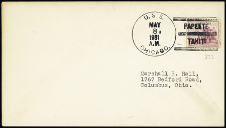 USA n°322 OBL grand CAD "USS Chicago" (1931) + griffe d'escale "Papeete Tahiti" dans le killer sur lettre. TB