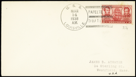 USA n°354 OBL grand CAD "USS Louisville" (1938) + griffe d'escale erronée "Papeete Tahati" (1938) sur lettre. TBUSA n°354 OBL grand CAD "USS Louisville" (1938) + griffe d'escale erronée "Papeete Tahati" (1938) sur le