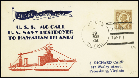 USA n°259 OBL grand CAD "USS Mc Call" (1938) + griffe d'escale "Papeete Tahiti" dans le killer sur enveloppe illustrée "USS MC Call US navy destryer to Hawaiian islands". TB