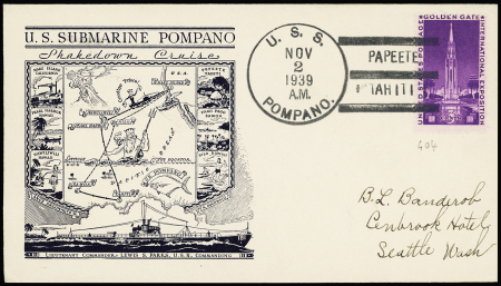 USA n°404 OBL grand CAD "USS Pompano" (1939) + griffe d'escale "Papeete Tahiti" dans le killer sur env. ilustrée de la dernière croisière du sous-marin Pompano. TB