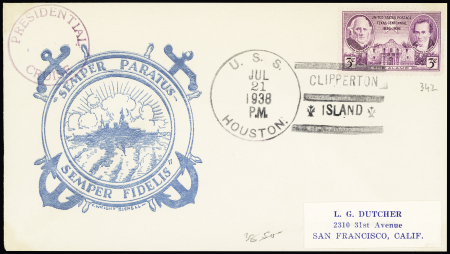 USA n°342 OBL grand CAD "USS Houston" (1938) + griffe d'escale "Clipperton Island" sur env. illustrée avec cachet violet "Presidential Island" sur env. illustrée avec cachet violet "Présidential Cruise". TB