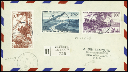 Océanie PA 26 à 28 OBL Papeete (1949) sur lettre recommandée pour les USA avec arrivée. TB