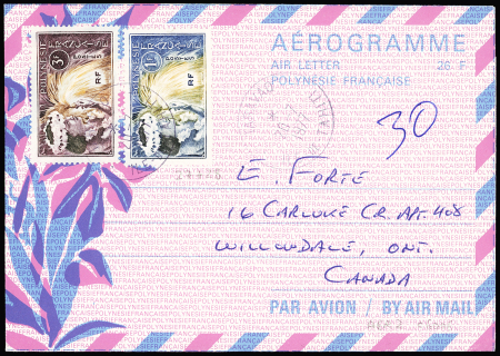 Polynésie aérogramme n°2, 26F avec n°27 + 28 OBL Taravao (1977) pour le Canada. TB. Cote 600€