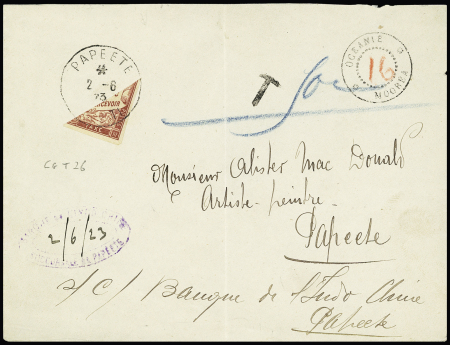 Lettre non affranchie avec petit CAD sans bloc dateur "Océanie Moorea" + colonies générales taxe n°26, demi-timbre OBL Papeete (1923). Rare et TB
