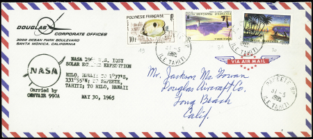 Polynésie n°19 + 30 + 31 OBL Papeete RP (1965) sur lettre par avion avec griffe noire "NASA 1965 US Iqsy solar eclipse expedition". TB