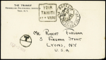 Lettre non affranchie avec cachet noir "Galapagos isl" + CAD Papeete (1939) avec Daguin à gauche "Voir Tahiti et y vivre" et taxe US, au verso griffe violette "M/S Stella Polaris". Rare et TB