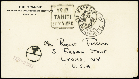 Lettre non affranchie avec cachet noir "Galapagos isl" + CAD Papeete (1939) avec Daguin à gauche "Voir Tahiti et y vivre" et taxe US, au verso griffe violette "M/S Stella Polaris". Rare et TB