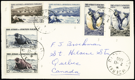 TAAF n°2 à 7 OBL CAD "Moerai ile Rurutu" (1956) sur lettre pour le Canada avec au verso  transit Papeete. Rare