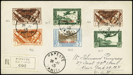 Océanie n°141 + 144, 2 pièces + 146 + PA3, surchargés France Libre + PA n°1 OBL Papeete (1945) sur lettre recommandée pour New-York avec arrivée. TB