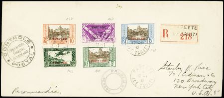 Océanie n°140 à 142 + 147 + PA3 OBL Papeete (1942) sur lettre recommandée pour New-York avec censures Océanie + USA. TB
