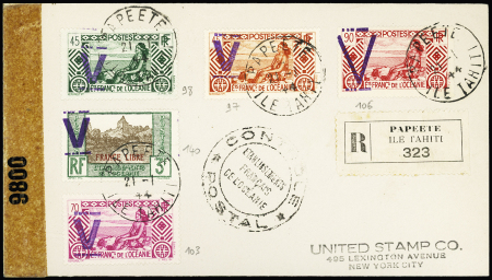Océanie n°97 + 98 + 103 + 106 + 140 avec surcharge privée "V" (Victoire) en violet Papeete (21.1.44) sur lettre recommandée pour New-York avec censures Océanie+ USA. Rare et TB