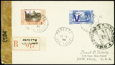 Océanie n°78 + 86 avec surcharge privée violette "V" (Victoire) OBL Papeete (17.6.44) sur lettre recommandée censurée pour les USA avec censures US + Océanie. Rare et TB
