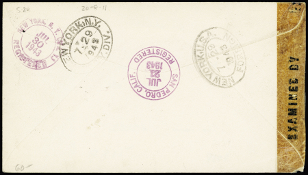 Océanie n°78 + 86 avec surcharge privée violette "V" (Victoire) OBL Papeete (17.6.44) sur lettre recommandée censurée pour les USA avec censures US + Océanie. Rare et TB