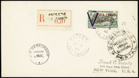Océanie n°67, 5F vert et noir, avec surcharge privée grand V (Victoire) en violet OBL Papeete (1943) sur lettre recommandée pour New-York avec arrivée. Rare et TB