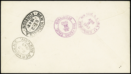 Océanie n°67, 5F vert et noir, avec surcharge privée grand V (Victoire) en violet OBL Papeete (1943) sur lettre recommandée pour New-York avec arrivée. Rare et TB