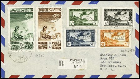 Océanie PA 4 + 5 + 14 à 17, non vendus dans la colonie OBL CAD horoplan "Papeete ile de Tahiti Océanie" (1949) sur lettre recommandée avion pour New-York avec arrivée. TB