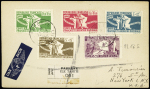 Colonies générales France Libre n°1 à 5 OBL CAD "Papeete ile Tahiti" (1950) sur lettre recommandée pour les USA. TB