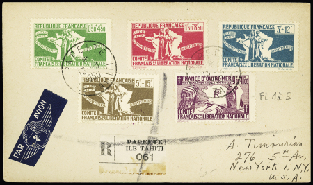 Colonies générales France Libre n°1 à 5 OBL CAD "Papeete ile Tahiti" (1950) sur lettre recommandée pour les USA. TB