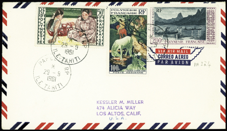 Polynésie PA 2 à 4 OBL CAD "Papeete RP ile Tahiti" (1961) sur lettre par avion pour les USA. TB