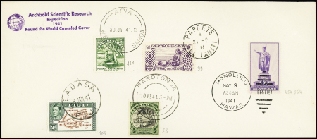 Lettre avec griffe violette "Archbold Scientific Research Expedition 1941 round the world canceled cover" AFF Samoa n°121 OBL Apia + Océanie n°99 OBL Papeete + Fiji n°107 OBL Labasa + Cook n°38 Rarotonga + USA n°36